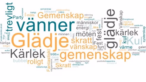 Ordmoln med t.ex. Vänner, Glädje och andra fina ord.